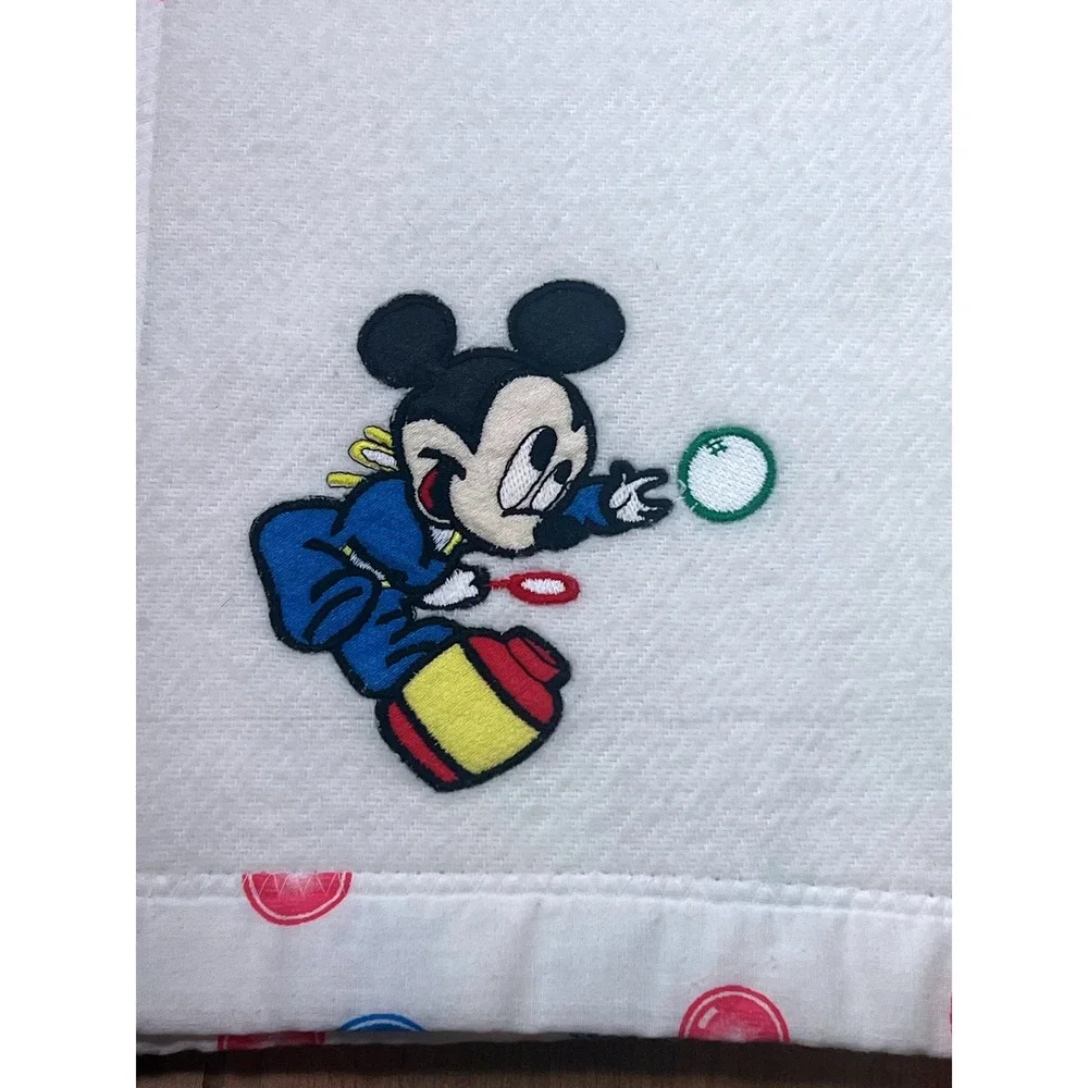 Vintage Disney Mickey Mouse Bubbles Baby Blanket Polka Dot Trim White USA Made